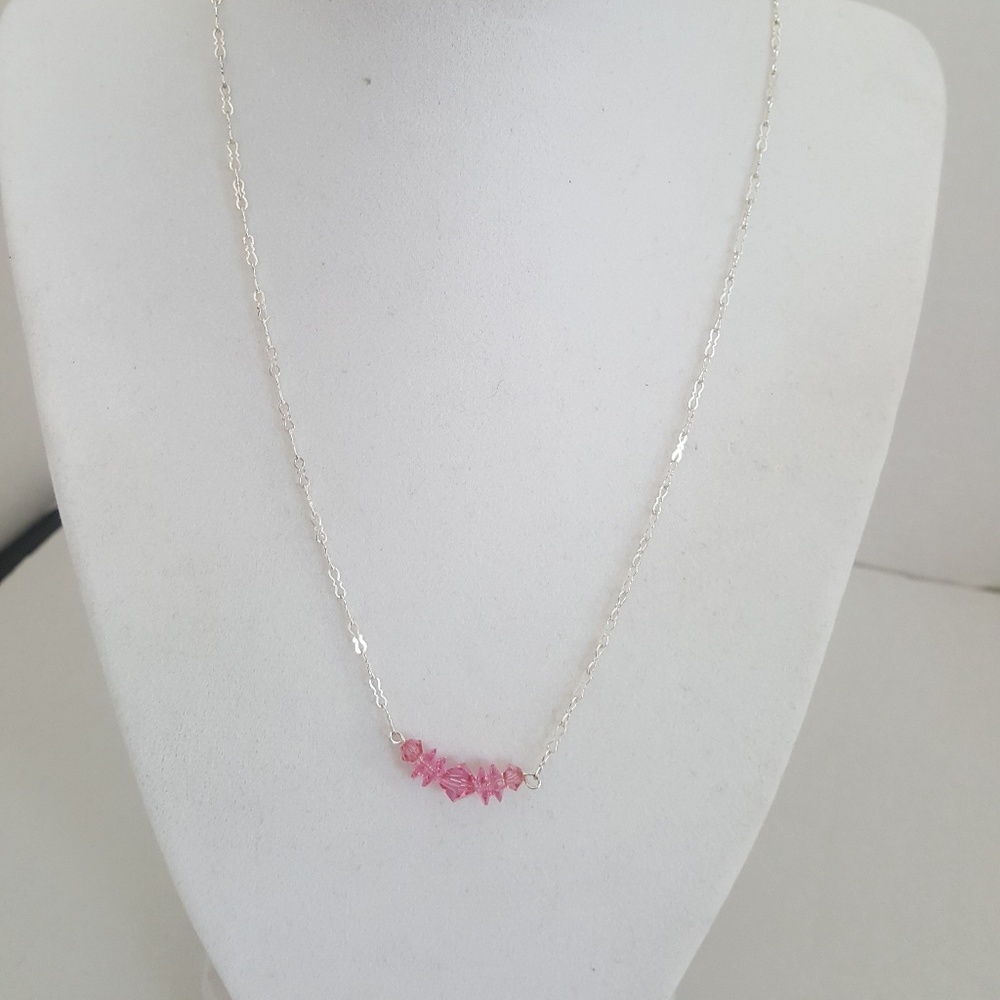 Sterling Silver Pink Crystal Necklace 18" Crimped Chain .925 Stamped